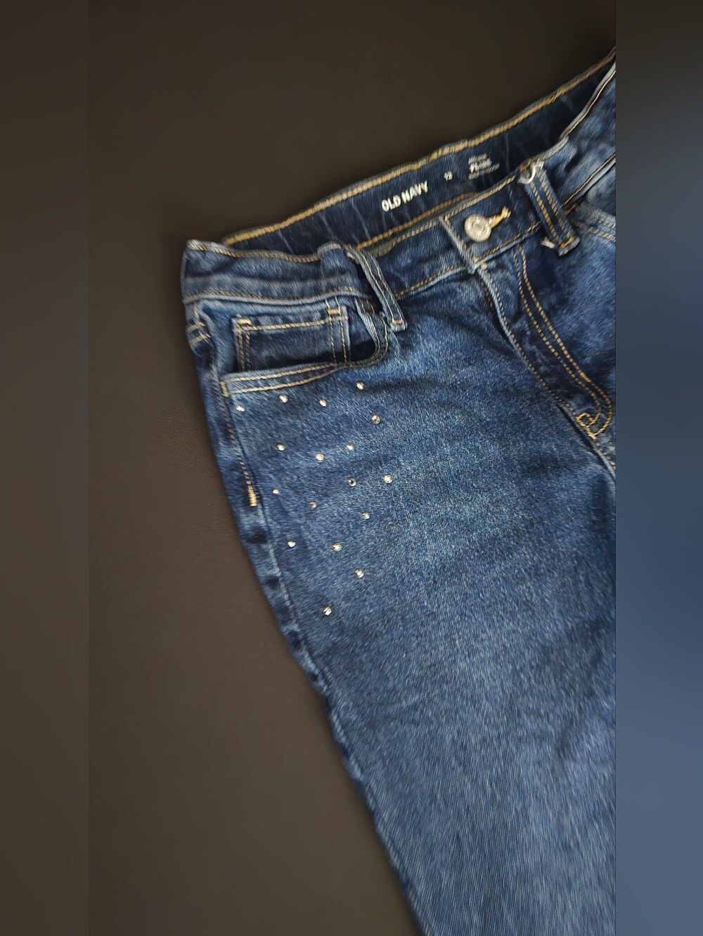 Girls Old Navy Dark Blue Flare Leg Jeans with Silver Stud Details